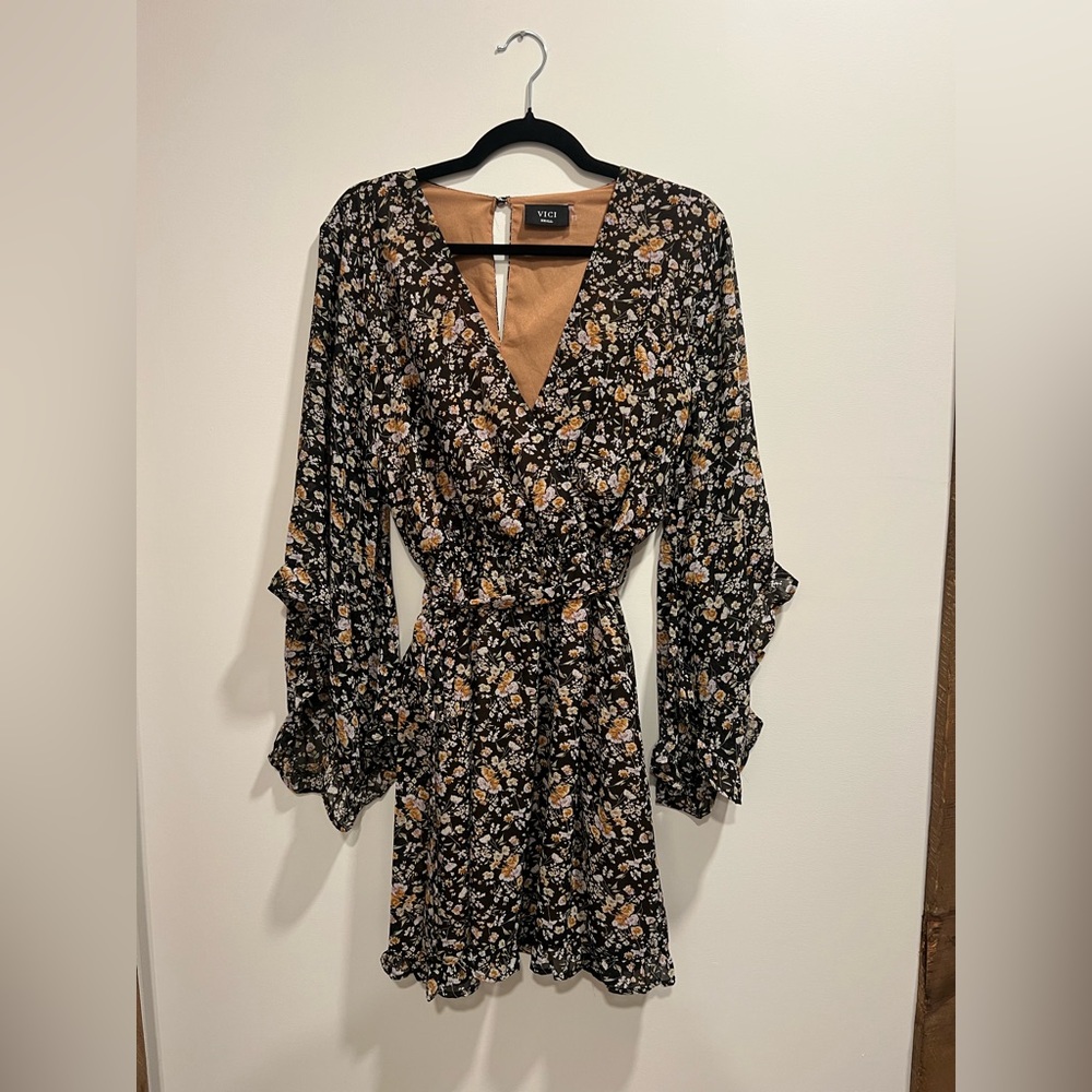 Vici Black and Tan Floral Long Sleeve Dress